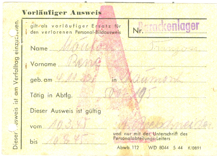 Scan: "Vorläufiger Ausweis gilt als vorläufiger Ersatz für den verlorenen Personal-Bildausweis", Gültigkeit 1945